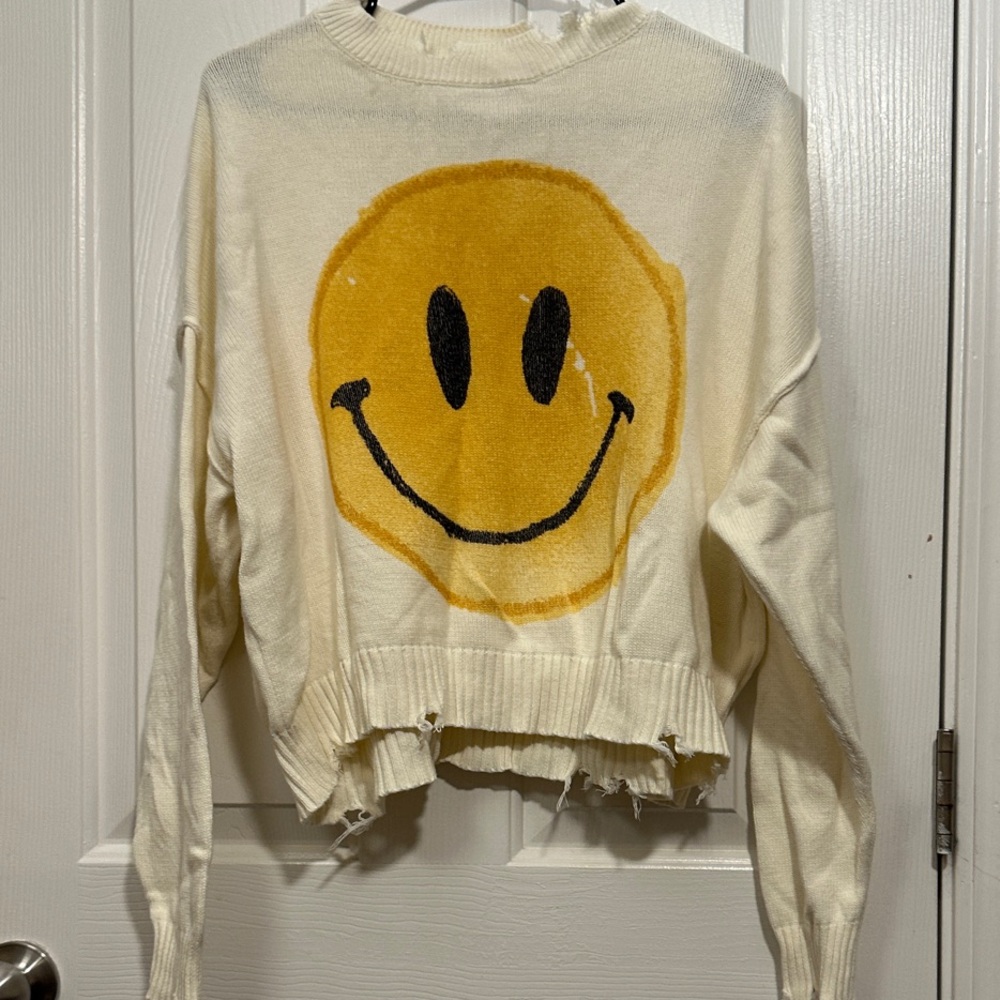 Pistola Cream Distressed Cropped Sweater with Yellow Smiley Face